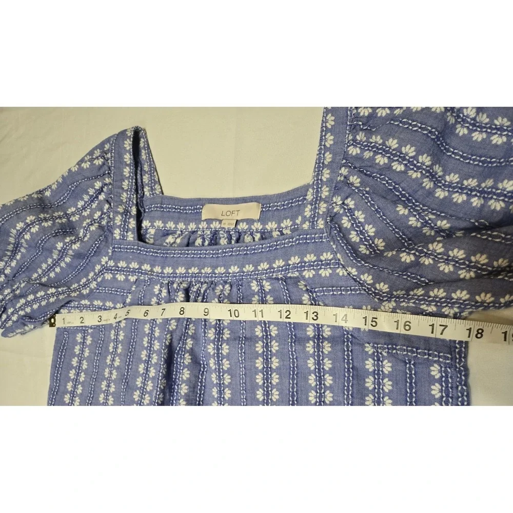 Loft Womens Jacquard Puff Sleeve Square Neck Embroidered Top XS Blue 100% Cotton